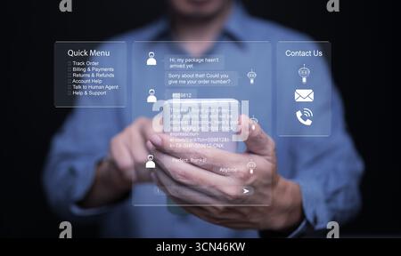 Assistente intelligente di intelligenza artificiale mobile e tecnologia chatbot che lavorano in background, risolvendo i problemi dei clienti istantaneamente con automazione, elaborazione in tempo reale, Foto Stock