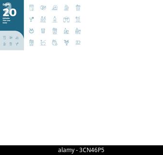 Confezione curata di 20 icone vettoriali 128 x 128 con design Slim Line, incentrate sui concetti relativi alle bevande con una nitidezza perfetta IN PIXEL. Illustrazione Vettoriale