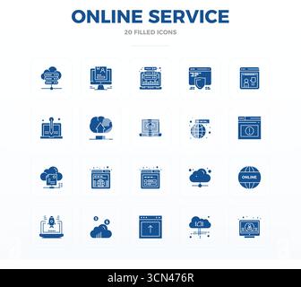 Un set dinamico di 20 icone vettoriali in glifo pieno, personalizzato per l'assistenza online con 128 x 128 PIXEL, qualità perfetta per i prodotti digitali. Illustrazione Vettoriale