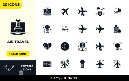 Un set dinamico di 20 icone vettoriali con riempimento glifo, personalizzato per Air Travel con una qualità perfetta di 128x128 PIXEL, ideale per i prodotti digitali. Illustrazione Vettoriale