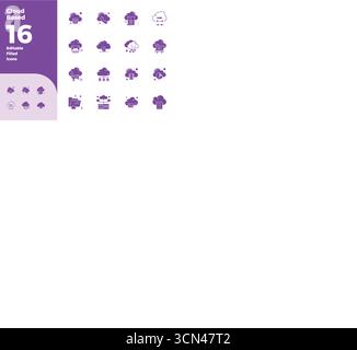 Confezione innovativa di 16 icone vettoriali incentrate sul cloud, con design pieno in formato 128x128 PIXEL perfetto per le moderne soluzioni digitali. Illustrazione Vettoriale