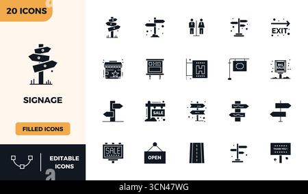 Un set dinamico di 20 icone vettoriali in glifo riempito, personalizzato per la segnaletica con 128x128 PIXEL, qualità perfetta, adatto per i prodotti digitali. Illustrazione Vettoriale