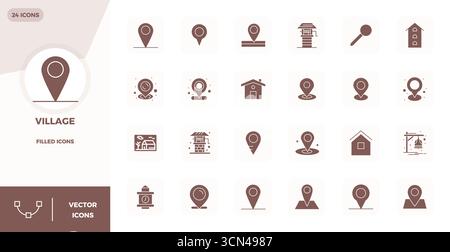 Scopri un set di 24 icone vettoriali riempite di glifo create per il tema Village, con design da 128x128 PIXEL perfetti, ideali per i moderni progetti UI/UX. Illustrazione Vettoriale