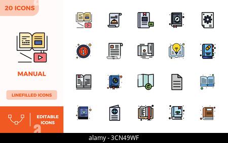 Un set versatile di 20 icone vettoriali complete di PIXEL a colori lineari focalizzate su Manuale, in formato 128x128 nitido, ideale per applicazioni mobili e Web Illustrazione Vettoriale