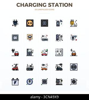 Collezione contemporanea di 25 icone vettoriali che rappresentano la stazione di ricarica in un'estetica a linea piatta, con risoluzione perfetta di 128 x 128 PIXEL Illustrazione Vettoriale