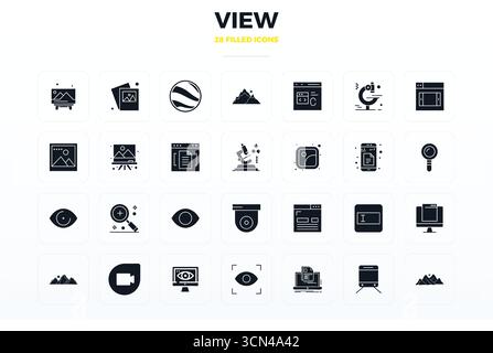 Confezione esclusiva di icone vettoriali perfette da 28 PIXEL ispirate alla vista, realizzate in formato Glyph pieno a 128x128 per esperienze memorabili del marchio. Illustrazione Vettoriale