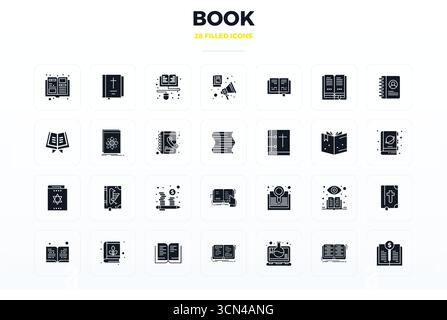 Un set dinamico di 28 icone vettoriali in glifo pieno, personalizzato per Libro con 128 x 128 PIXEL, qualità perfetta per i prodotti digitali. Illustrazione Vettoriale
