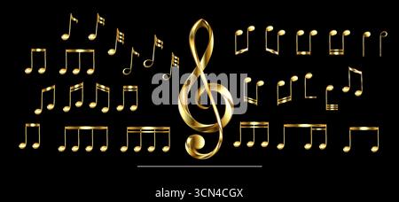 Set di gioielli dorati, note musicali scintillanti e acuti su sfondo nero. Illustrazione Vettoriale