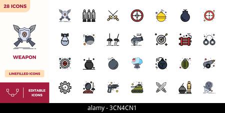 Questo set di 28 icone vettoriali a colori lineari cattura temi di armi con una qualità perfetta di 128x128 PIXEL, perfetta per applicazioni tecnologiche e aziendali. Illustrazione Vettoriale