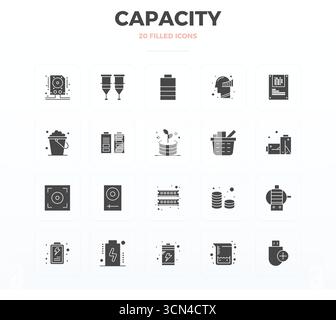 Set rivoluzionario di icone vettoriali perfette da 20 PIXEL ispirate a Capacity, create in formato glifo pieno con risoluzione 128x128 per un design all'avanguardia. Illustrazione Vettoriale