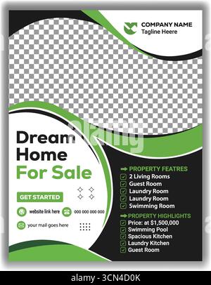 Elegante modello di volantino aziendale immobiliare poster di promozione moderna verde e nero illustrazione vettoriale Illustrazione Vettoriale