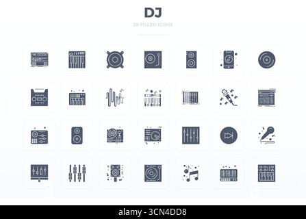 Set di 28 icone vettoriali complete Glyph PIXEL ispirate al DJ, realizzate con risoluzione 128x128 per un'integrazione perfetta in app e siti Web. Illustrazione Vettoriale
