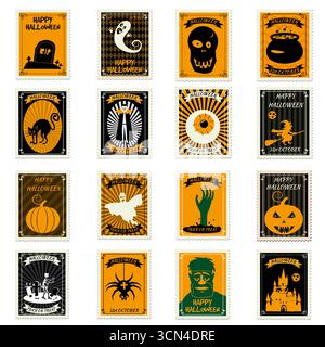 Vecchi francobolli Halloween con motivo senza cuciture vintage Illustrazione Vettoriale