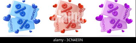 icona dei buoni 3d con segno di percentuale e cuori di colore blu, rosa e viola Illustrazione Vettoriale