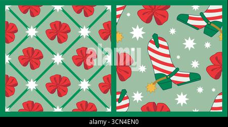 Set di fantasie natalizie Cowgirl. Tema western da cowboy, stivali come bastoncini di caramelle natalizie, Bow in Red e Green Christmas Style. Stampa vettoriale disegnata a mano per carta da imballaggio, festa di Capodanno. Illustrazione Vettoriale
