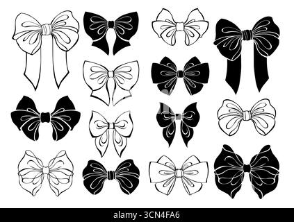 Set di profili e silhouette monocromatici disegnati artisticamente, fiocchi neri su sfondo bianco. Elementi di progettazione. Illustrazione Vettoriale