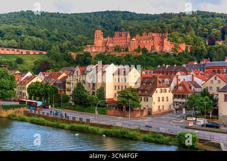Heidelberg, Germania - 8 giugno 2025: Vista panoramica del castello di Heidelberg arroccato su una collina, che si affaccia sul fiume Neckar e sul tradizionale arco tedesco Foto Stock