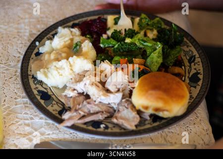 Piatto del Ringraziamento con tacchino, Verdi e rotolo Foto Stock