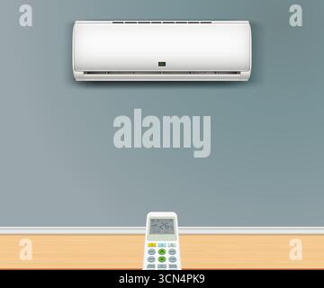 Impianto di climatizzazione con telecomando. Il telecomando è rivolto verso il condizionatore d'aria sulla parete. Illustrazione vettoriale. Illustrazione Vettoriale