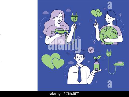 Insieme di sostenibilità. Personaggi che mostrano i vantaggi di uno stile di vita sostenibile. Energia verde, auto elettriche, concetto di industria pulita. Illustrazione vettoriale. Illustrazione Vettoriale
