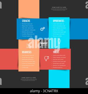 Moderno modello di analisi SWOT pulito per la strategia aziendale. L'infografica sull'analisi SWOT presenta chiaramente punti di forza, punti deboli, opportunità e minacce Illustrazione Vettoriale