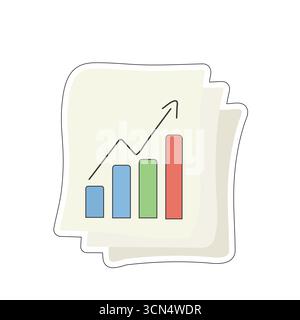 Grafico a barre stilizzato su carta impilata con freccia rivolta verso l'alto. Ideale per la grafica sulla crescita aziendale, l'analisi dei dati, i report sulle prestazioni e il settore finanziario Illustrazione Vettoriale
