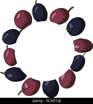 Sagoma quadrata a forma di cerchio di frutti di bosco color oliva. Illustrazione colorata con inchiostro a linee grafiche vettoriali. Firma silhouette per logo, stampa, fumetti, moda, pop art, boa Illustrazione Vettoriale