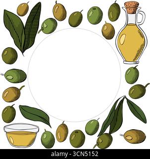 Olio d'oliva, bacca verde e foglie modello rotondo quadrato. Illustrazione colorata con inchiostro a linee grafiche vettoriali. Striscioni, poster, carta da imballaggio, st Illustrazione Vettoriale