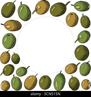 Sagoma quadrata circolare con mirtillo di oliva. Illustrazione colorata con inchiostro a linee grafiche vettoriali. Da utilizzare per pacchetti cosmetici, negozi, negozi, prodotti, spa sal Illustrazione Vettoriale