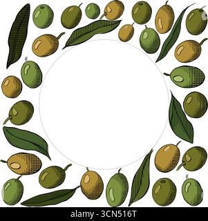 Modello di design per olio d'oliva. Verde oliva bacca e foglie quadrata circolare sagoma del telaio. Illustrazione colorata con inchiostro a linee grafiche vettoriali. Banner, prod Illustrazione Vettoriale
