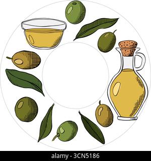 corona d'oliva, festa delle olive in Spagna, olio d'oliva, bacche verdi e foglie modello rotondo della cornice. Illustrazione colorata con inchiostro a linee grafiche vettoriali. Illustrazione Vettoriale