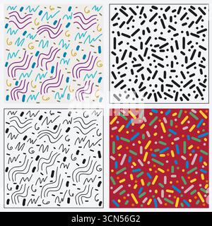 Set di 4 motivi astratti colorati con scarabocchi e forme geometriche su sfondo beige illustrazione vettoriale Illustrazione Vettoriale