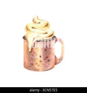 Tazza in ceramica di cacao con panna montata e cannella, dipinta in colori caldi e accoglienti, illustrazione ad acquerello dipinta a mano, perfetta per i disegni autunnali Foto Stock