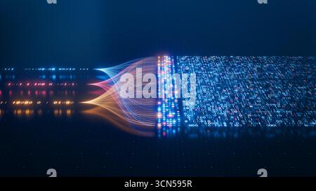 Illustrazione futuristica DELL'INTELLIGENZA ARTIFICIALE e dei big data che mostra l'automazione, l'analisi dei dati e l'innovazione nella tecnologia con flusso di dati che scorre attraverso il neurale Foto Stock