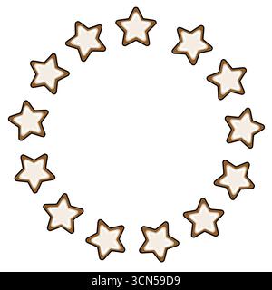 Illustrazione del vettore natalizio di una cornice circolare composta da dodici biscotti marroni a forma di stella con glassa bianca, ideali per i disegni natalizi. Illustrazione Vettoriale