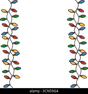 Immagine vettoriale delle festività con due stringhe verticali di luci natalizie colorate, perfetta per i design e i bordi delle festività. Illustrazione Vettoriale