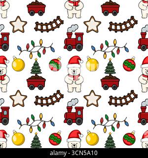 Motivo natalizio vettoriale senza cuciture con adorabili orsi polari nei cappelli di Babbo Natale, un affascinante trenino giocattolo ed elementi festivi come alberi di Natale e ornamenti Illustrazione Vettoriale