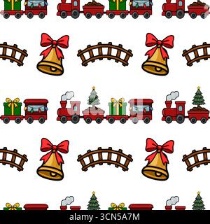 Motivo vettoriale senza cuciture caratterizzato da un affascinante treno natalizio, campana con arco rosso e un ponte ferroviario, per creare un design allegro e festoso ideale per le feste Illustrazione Vettoriale