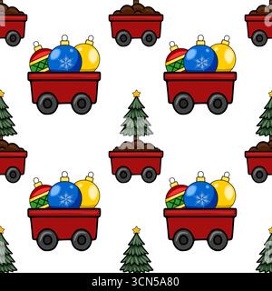 Motivo vettoriale senza cuciture con incantevoli vagoni rossi che trasportano ornamenti natalizi e alberi di Natale in miniatura, creando un vento festoso e giocoso Illustrazione Vettoriale