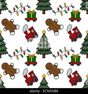 Motivo natalizio vettoriale senza cuciture con un treno stravagante, uomini di pan di zenzero, alberi di Natale e luci festive, perfetto per un design a tema natalizio Illustrazione Vettoriale