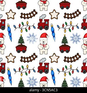 Motivo natalizio vettoriale senza cuciture con adorabili orsi polari nei cappelli di Babbo Natale, trenini giocattolo, alberi di Natale e biscotti a forma di stella, per creare un fascino unico Illustrazione Vettoriale
