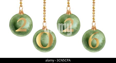 Striscione decorativo dell'albero di Natale con palline verdi acquerello su ghirlanda dorata con illustrazione dorata dei numeri del nuovo anno 2026. Festività tradizionali cl Foto Stock