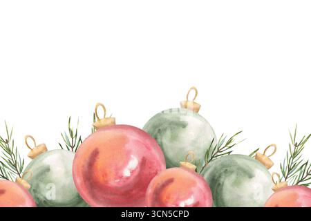 Banner natalizio colorato con decorazioni di alberi di Natale rosso e verde. Le palle trafilate a mano si rompono con rami di abete rosso Foto Stock