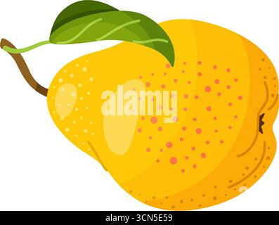 Pera gialla fresca e succosa con foglia verde. Moderno stile piatto isolato su sfondo trasparente. Per un'alimentazione sana, blog, imballaggi, etichette, eco-compatibili, social media, adesivi, menu, poster Illustrazione Vettoriale