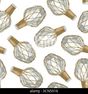 Motivo senza cuciture con flacone in vetro avvolto in rete di macrame all'uncinetto. Illustrazione ad acquerello disegnata a mano di una bottiglia larga con tappo decorativo su bianco Foto Stock