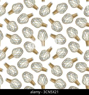 Motivo senza cuciture con flacone in vetro avvolto in rete di macrame all'uncinetto. Illustrazione ad acquerello disegnata a mano di una bottiglia larga con tappo decorativo su bianco Foto Stock
