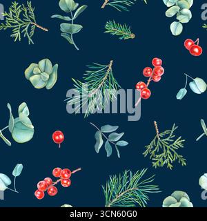Acquerello senza cuciture con bacche rosse di ilex, ramoscelli di abete rosso, eucalipto e tuja. Illustrazione disegnata a mano su sfondo navy per il design Foto Stock