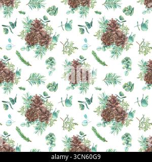 Motivo perfetto per Natale. Coni di pino disegnati a mano, thuja, rami di abete rosso ed eucalipto. Illustrazione acquerello su sfondo bianco. Foto Stock