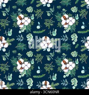 Motivo acquerello senza cuciture con bolls di fiori di cotone, ramoscelli di abete, rami di eucalipto e tuja. Illustrazione disegnata a mano su sfondo blu scuro. Foto Stock