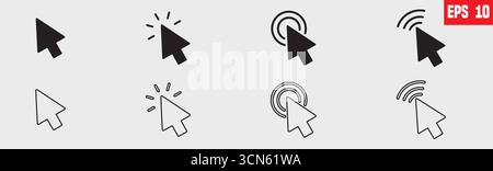 Cursore clic del mouse del computer. Simbolo di carico. Cursore e icona di caricamento. Le icone dei cursori fanno clic su Imposta. Facendo clic sul cursore, puntando le icone con la mano. Illustrazione Vettoriale